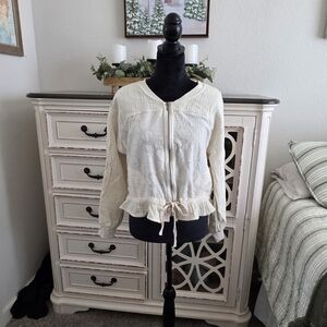 Anthropologie Cream Zip-Up Jacket with Lace Detail